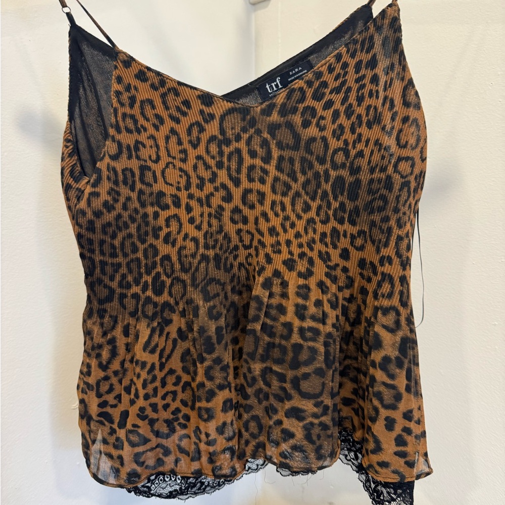 Leopard Print Cami Top with Lace Trim Zara